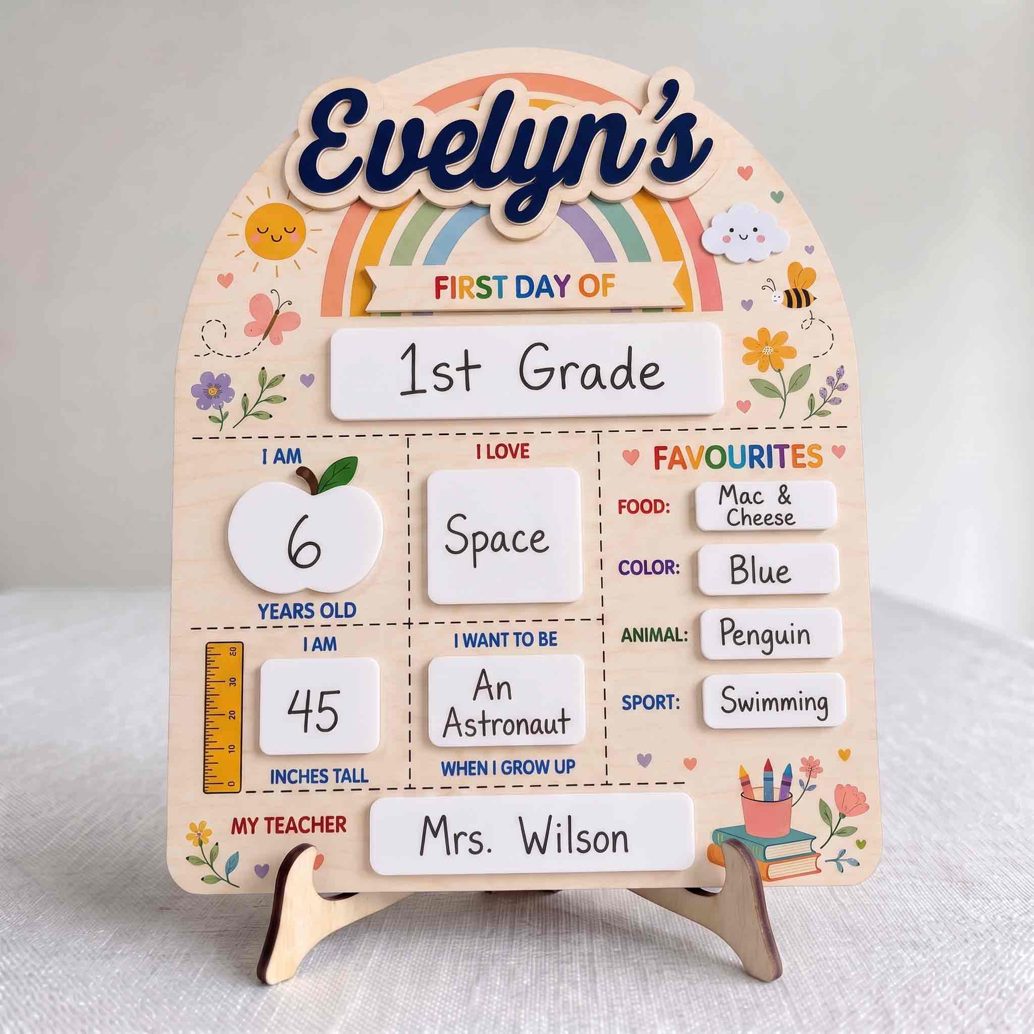 Personalized Rainbow Garden First & Last Day School Board, Reusable Dry Erase Board, Back to School Sign