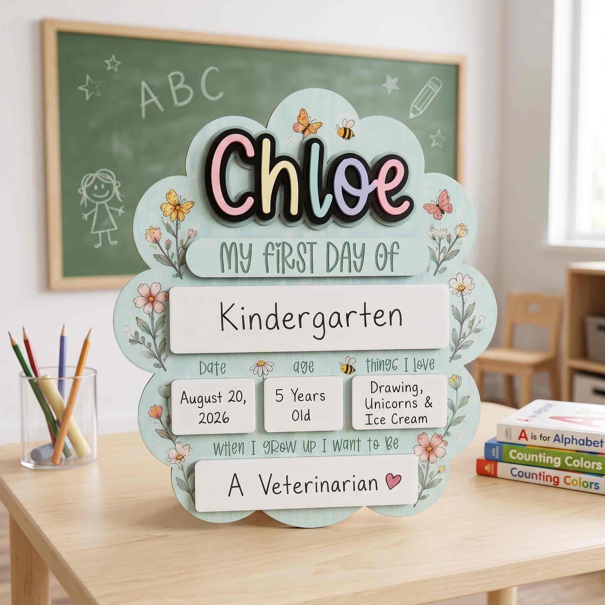Personalized Floral Cloud First & Last Day School Board, Reusable Dry Erase Board, Back to School Sign