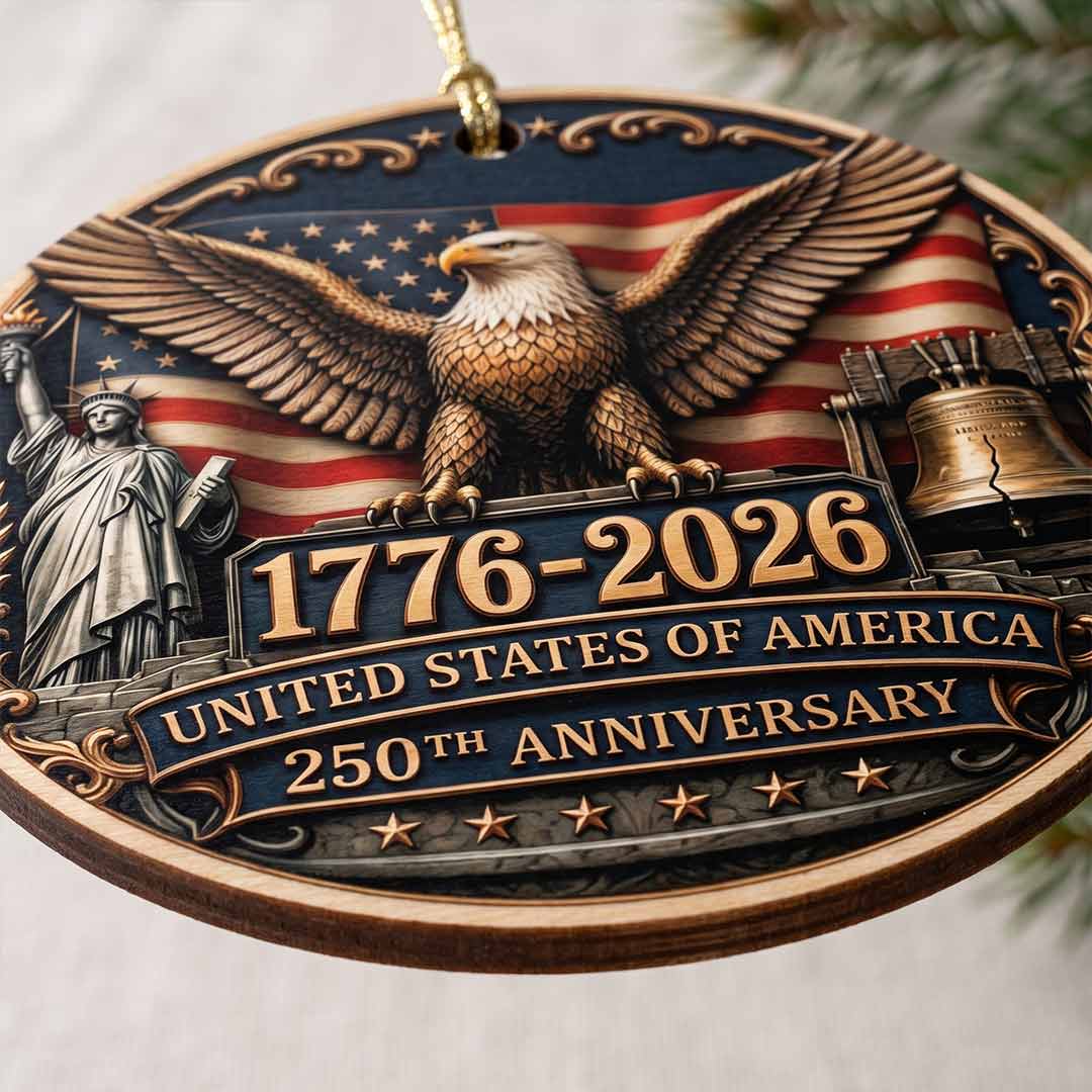 America's 250th Anniversary Bald Eagle Liberty Bell Patriotic Keepsake Personalized Patriotic 1-Layer Wooden Christmas Ornament for American Pride