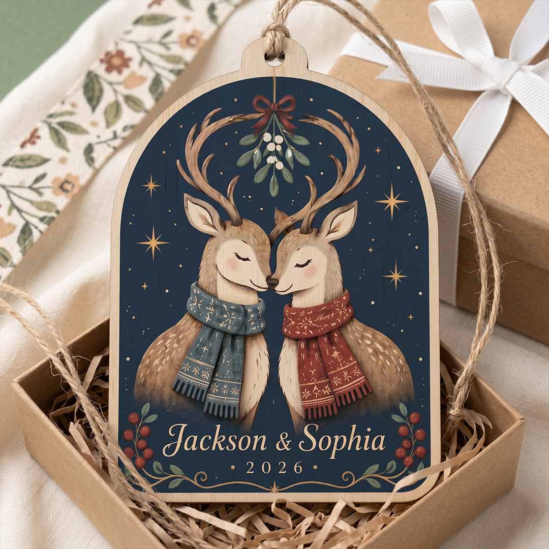 Mistletoe Reindeer Couple Christmas Personalized Custom Name Date Couple 2-Layer Wooden Christmas Ornament Romantic Christmas Gift for Couples