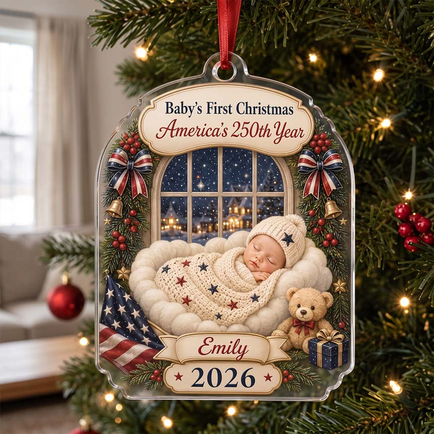 Winter Window Sleeping Baby America's 250th Year Custom Name Baby's First Christmas Acrylic Christmas Ornament Baby Christmas Keepsake Gift