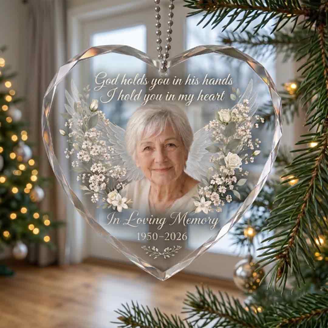 Memorial Angel Wings Floral Personalized Memorial Custom Name Date Photo In Loving Memory Gift Heart Glass Christmas Ornament