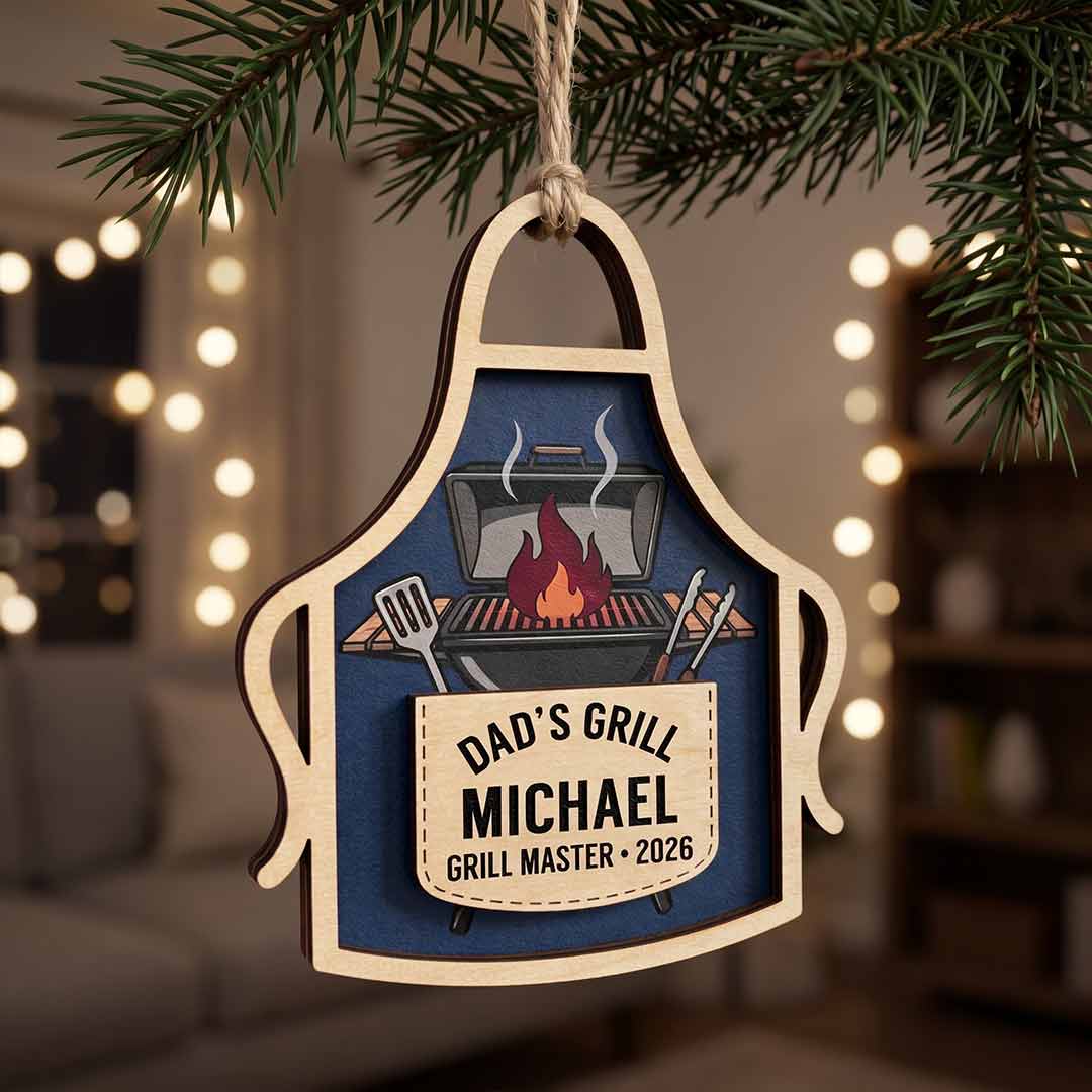 Dad's Grill Apron Personalized Custom Name Date Family 2-Layer Wooden Christmas Ornament Grill Master Christmas Gift for Dad