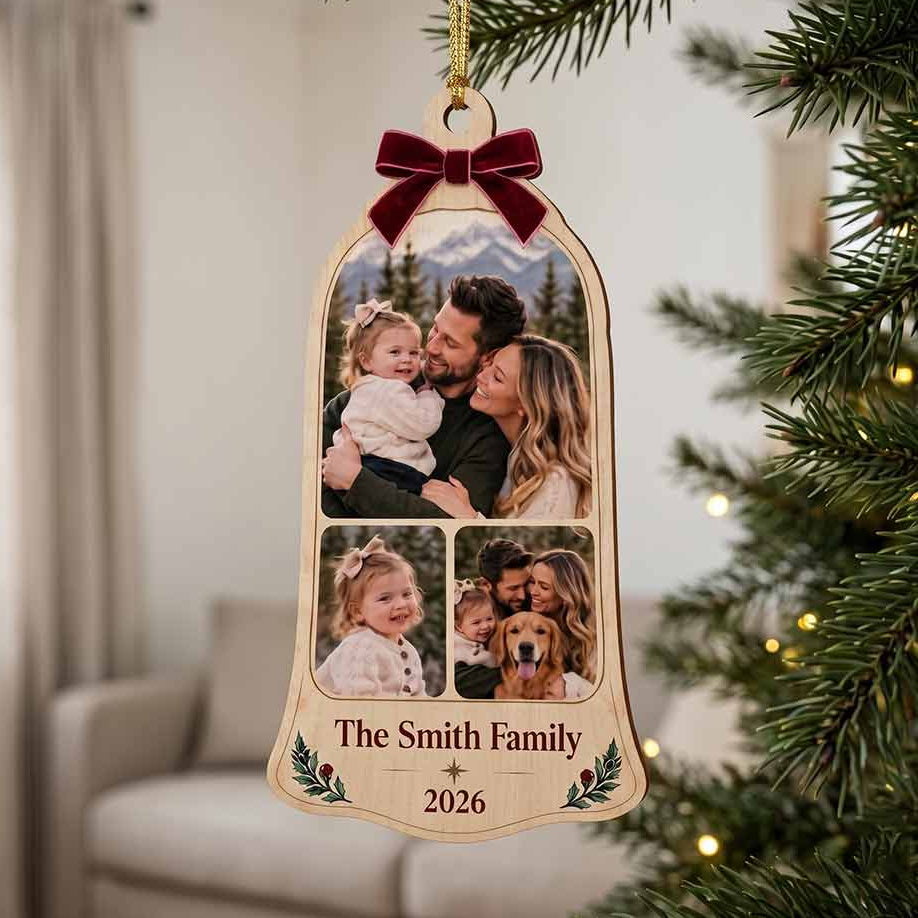 Family Christmas Photo Collage Holiday Keepsake Personalized Custom Name Date Photo Family 1-Layer Wooden Christmas Ornament for Family Members Gift