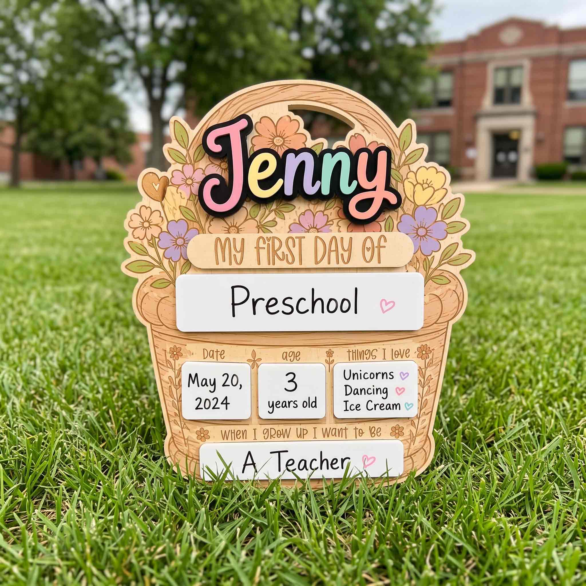 Personalized Flower Basket First & Last Day School Sign, Reusable Dry Erase Board, Back to School Sign