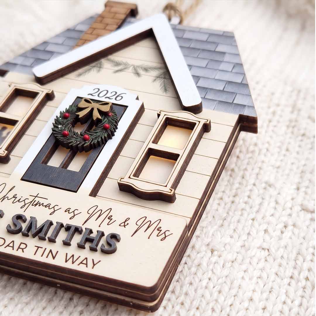 Our First Christmas as Mr and Mrs Personalized Couple Custom Name Date Address Wedding Gift Wooden Christma