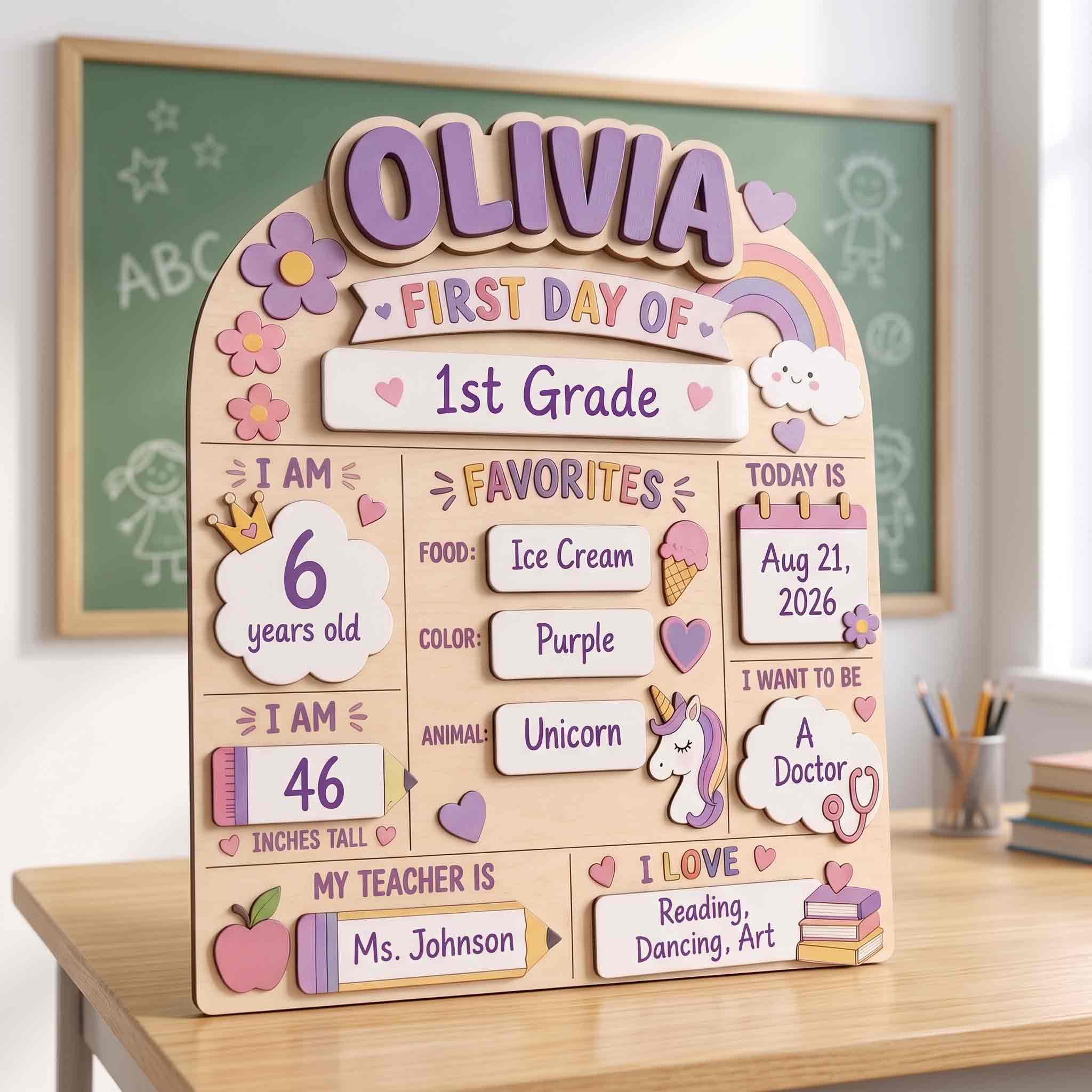 ersonalized Unicorn First Day School Board, Reusable Dry Erase Board, Back to School Sign