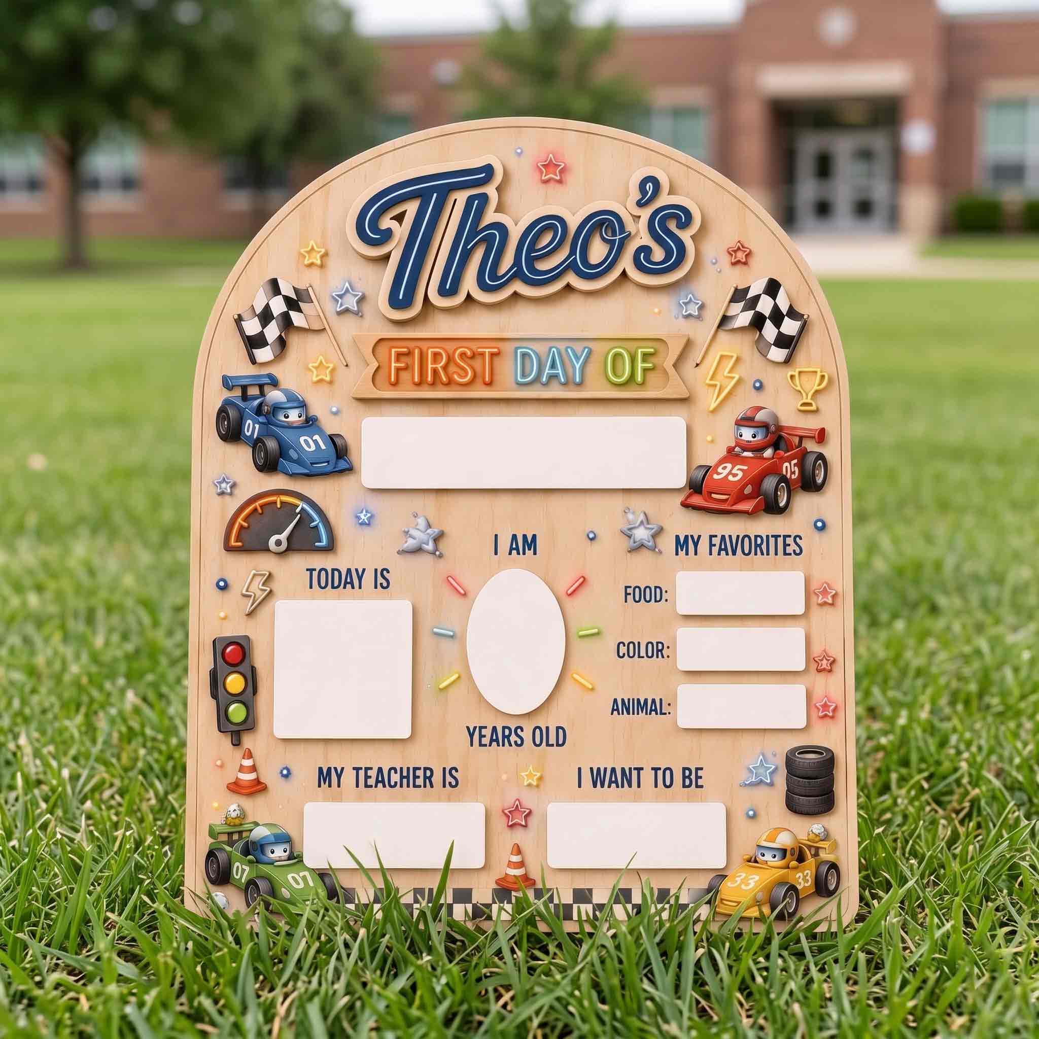 Personalized Speed Racing Theme First & Last Day School Sign, Reusable Dry Erase Board, Back to School Sign