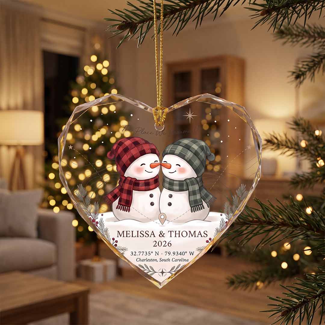 The Place We Became Us Snowman Couple Personalized Couple Custom Name Date Coordinates Address Gift Heart Glass Christmas Ornament