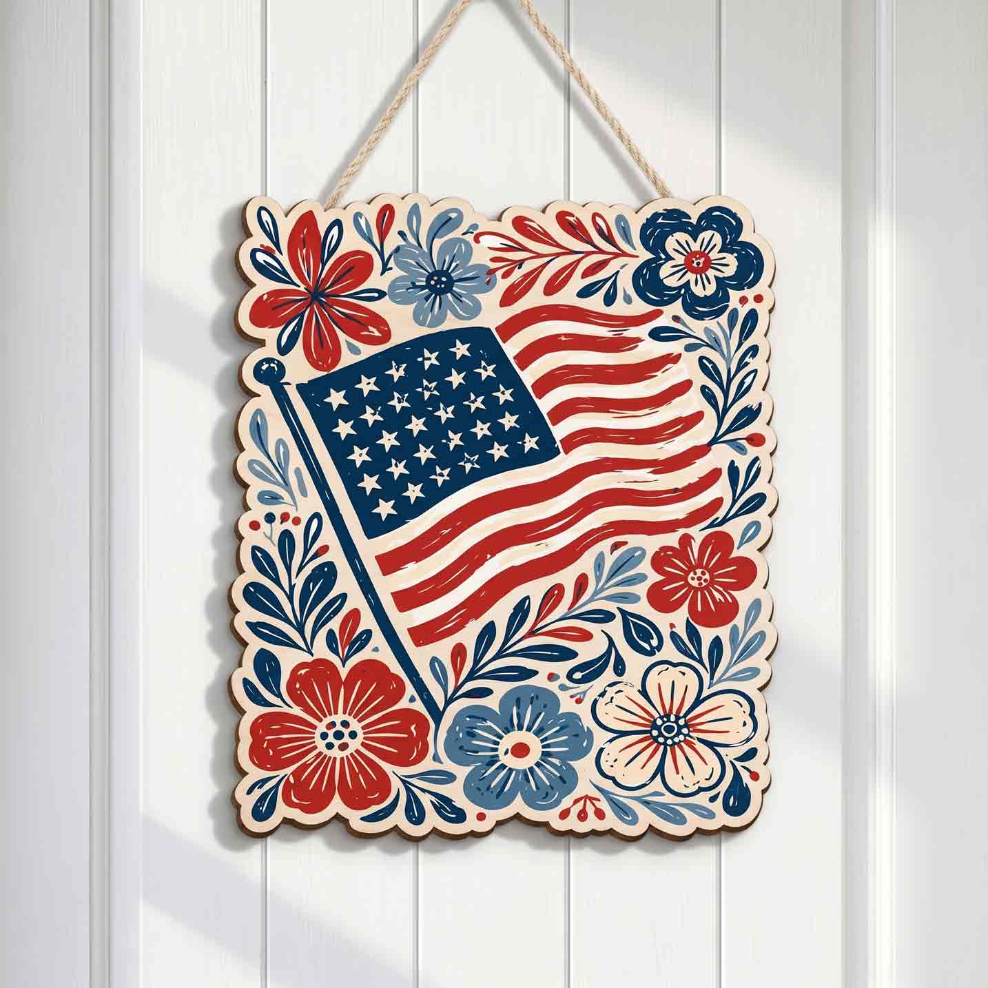 American Flag Floral Folk Art Patriotic America 250th Anniversary 1776-2026 Wooden Sign