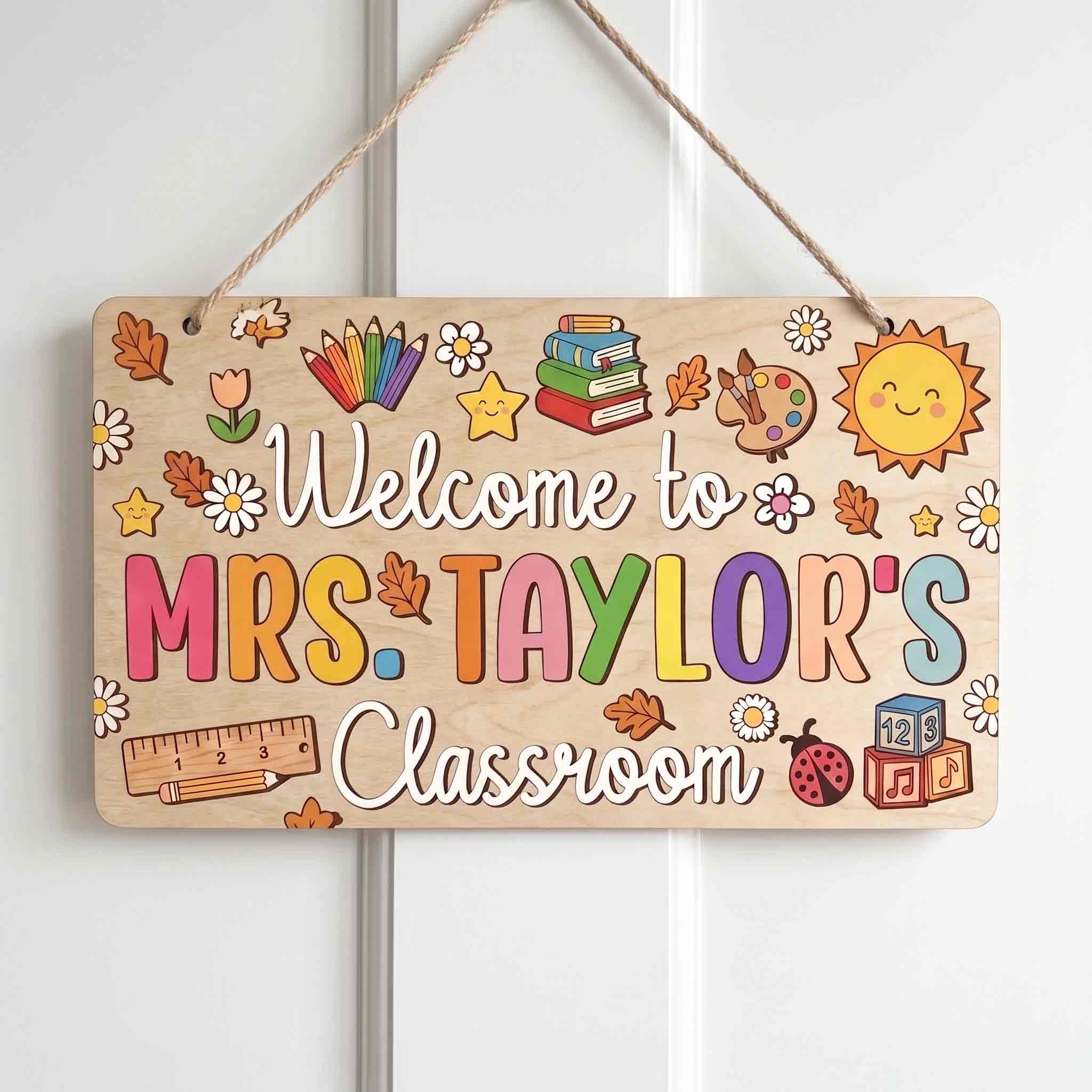 Personalized Welcome to Teacher Classroom Wooden Sign, Custom Fall Classroom Door Hanger with Autumn Leaves