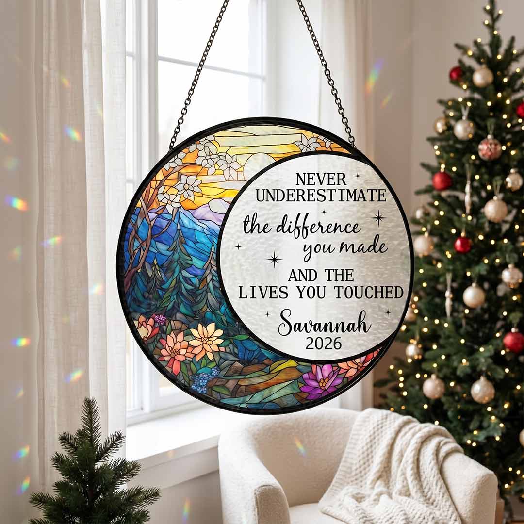 Never Underestimate The Difference You Made Retirement Personalized Custom Name Date Retirement Stained Glass Suncatcher Ornament for Retirement Gift