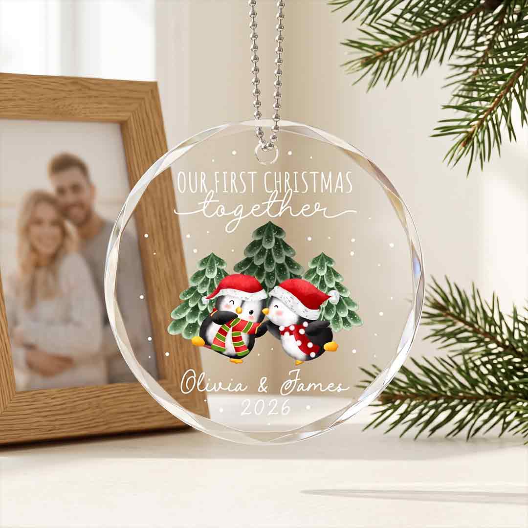 Our First Christmas Cute Penguin Couple Personalized Custom Name Date Couple Round Glass Christmas Ornament for Couples Gift