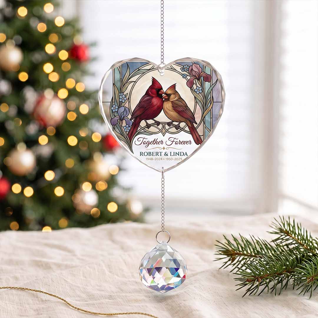 Together Forever Cardinal Love Personalized Couple Custom Name Date Memorial Keepsake Heart Glass Christmas Ornament With Crystal Charm