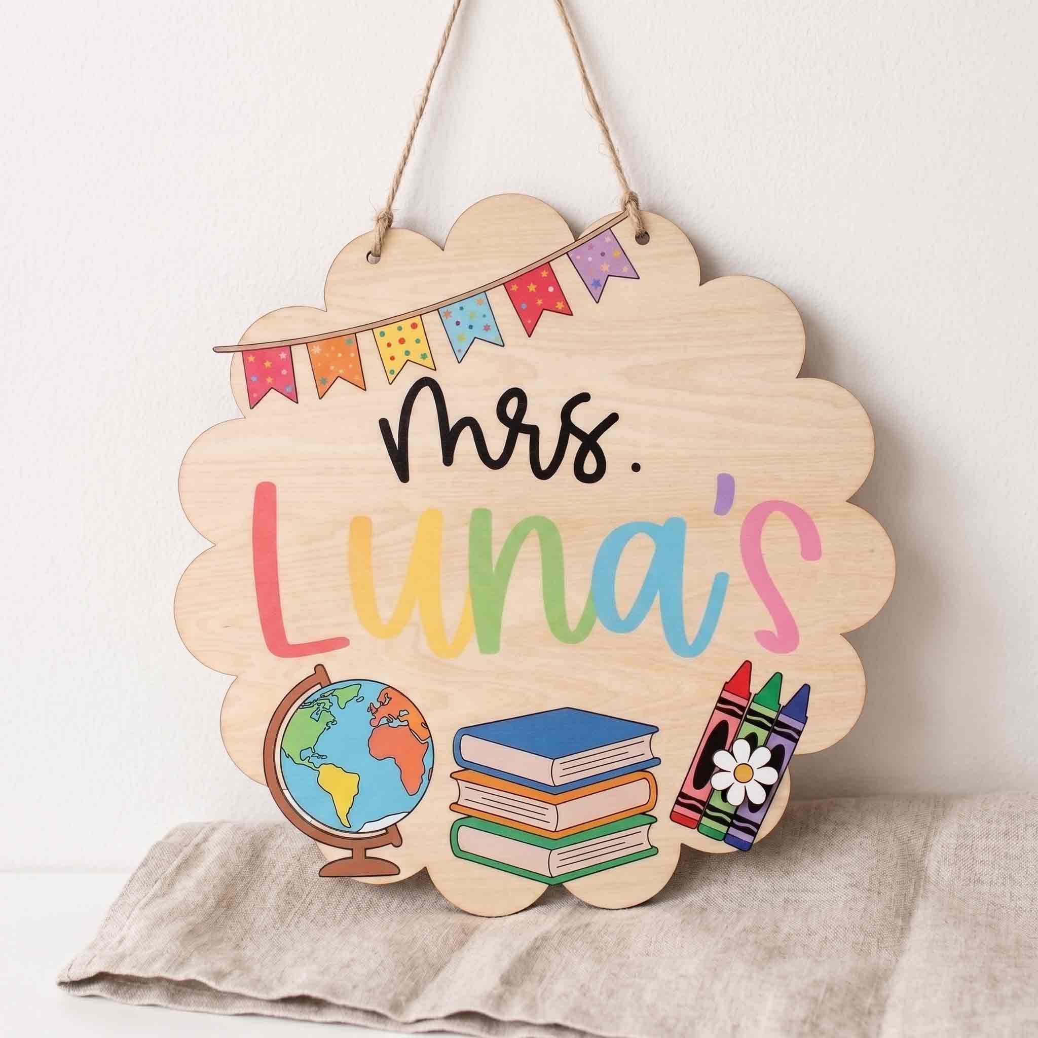Personalized Elementary Teacher Classroom Wooden Sign, Custom Welcome Door Hanger with Books & Crayons, Back to School Decor