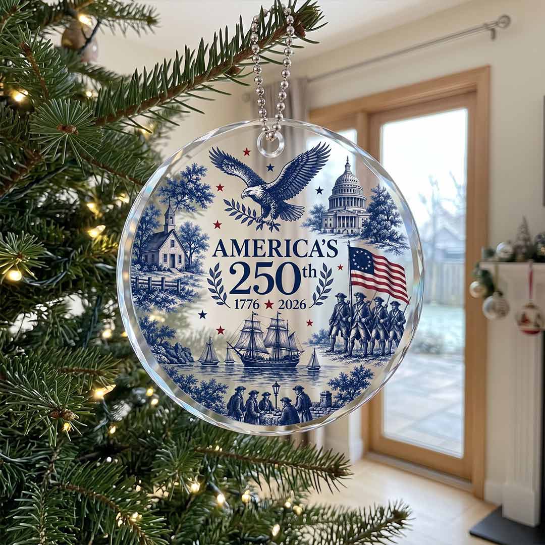 America's 250th Eagle Capitol Colonial Voyage Patriotic Keepsake Round Glass Christmas Ornament for American Families