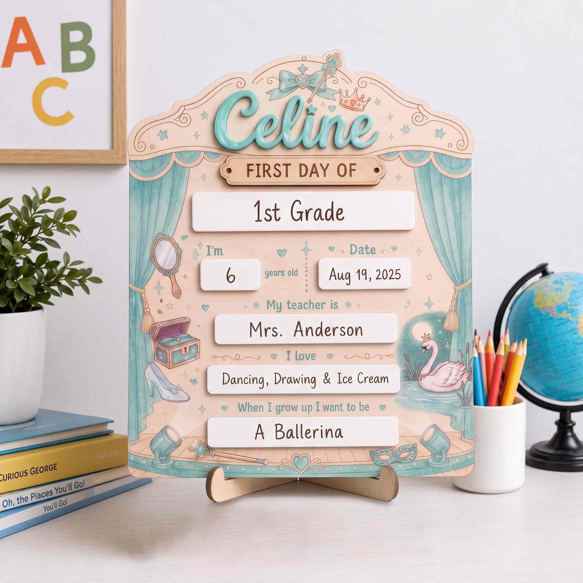 Personalized Princess First Day School Board, Reusable Dry Erase Board, Back to School Sign