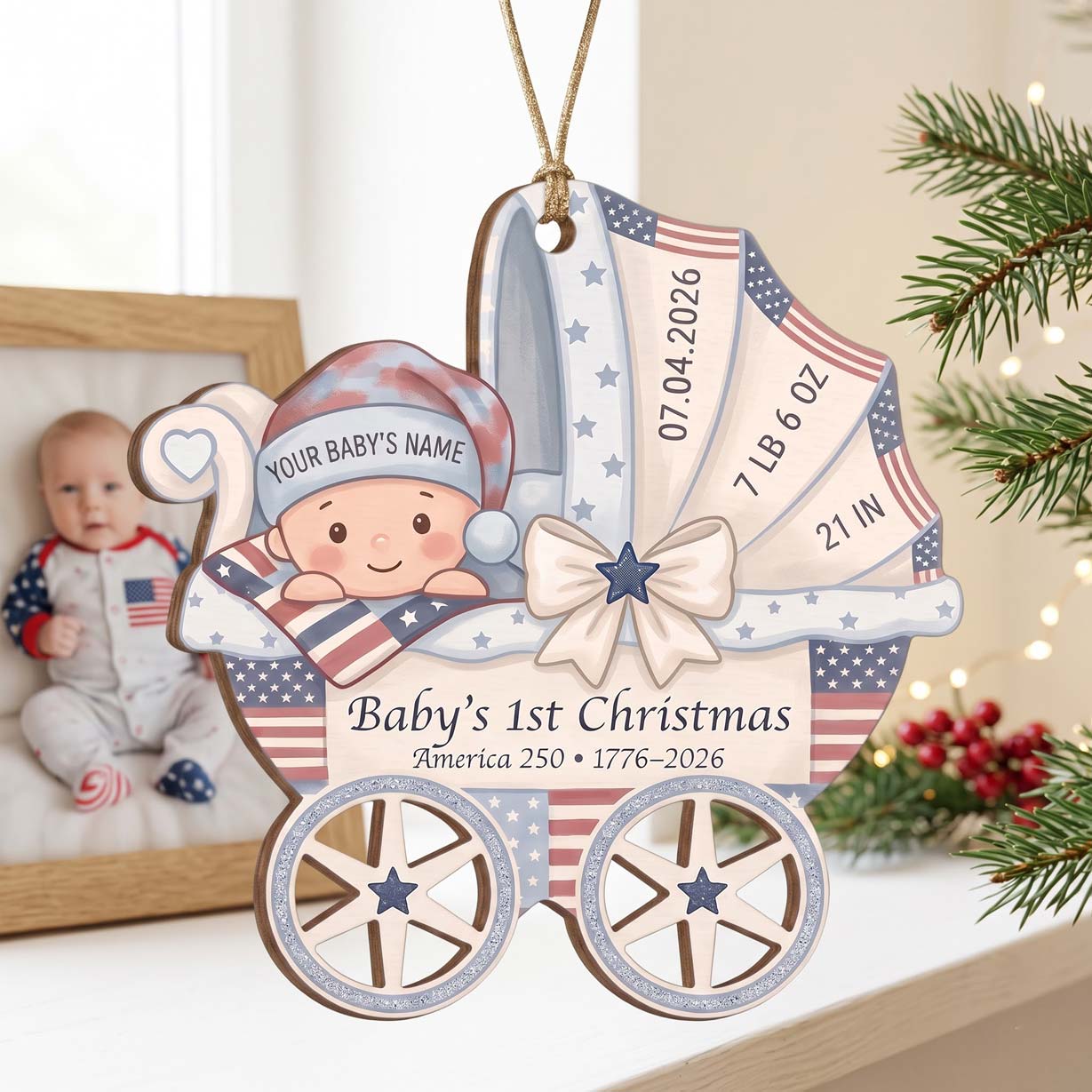 Baby's 1st Christmas America's 250th Year Baby Carriage Custom Name Date Weight Length Baby's First Christmas Wooden Ornament