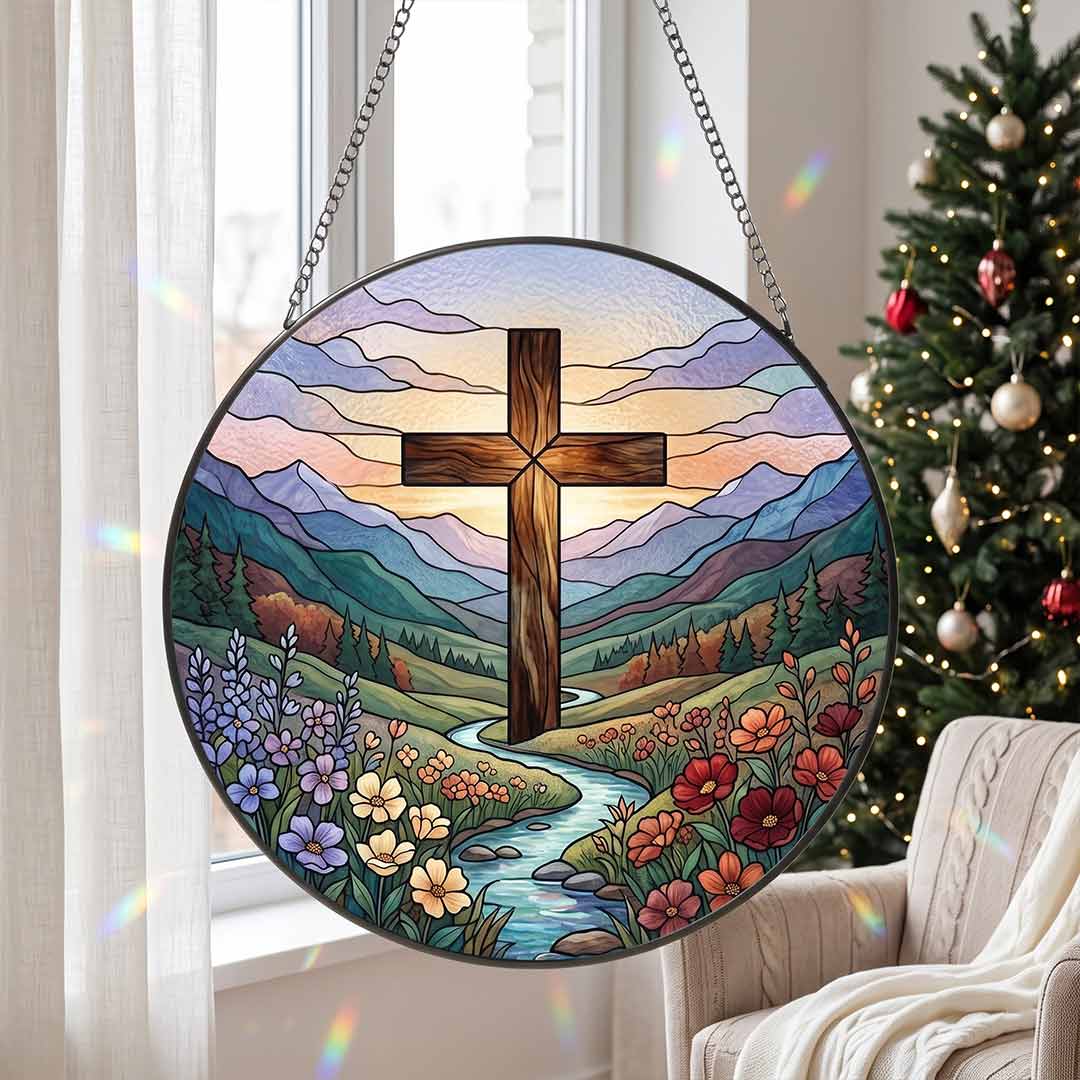Mountain Cross Wildflower Landscape Faith Hope Spiritual Nativity Stained Glass Suncatcher Christmas Ornament