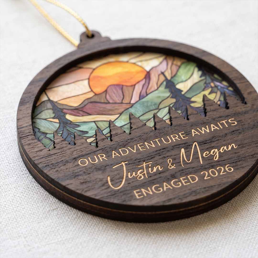 Engagement Mountain Sunset Personalized Custom Name Date Engagement 2-Layer Wooden Christmas Ornament Engagement Keepsake for Newly Engaged Couple
