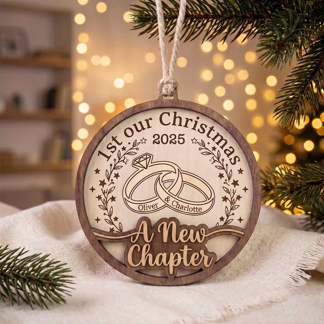 Our New Chapter Wedding Rings Personalized Custom Name Date First Wedding 2-Layer Wooden Christmas Ornament for Newlyweds Wedding Gift