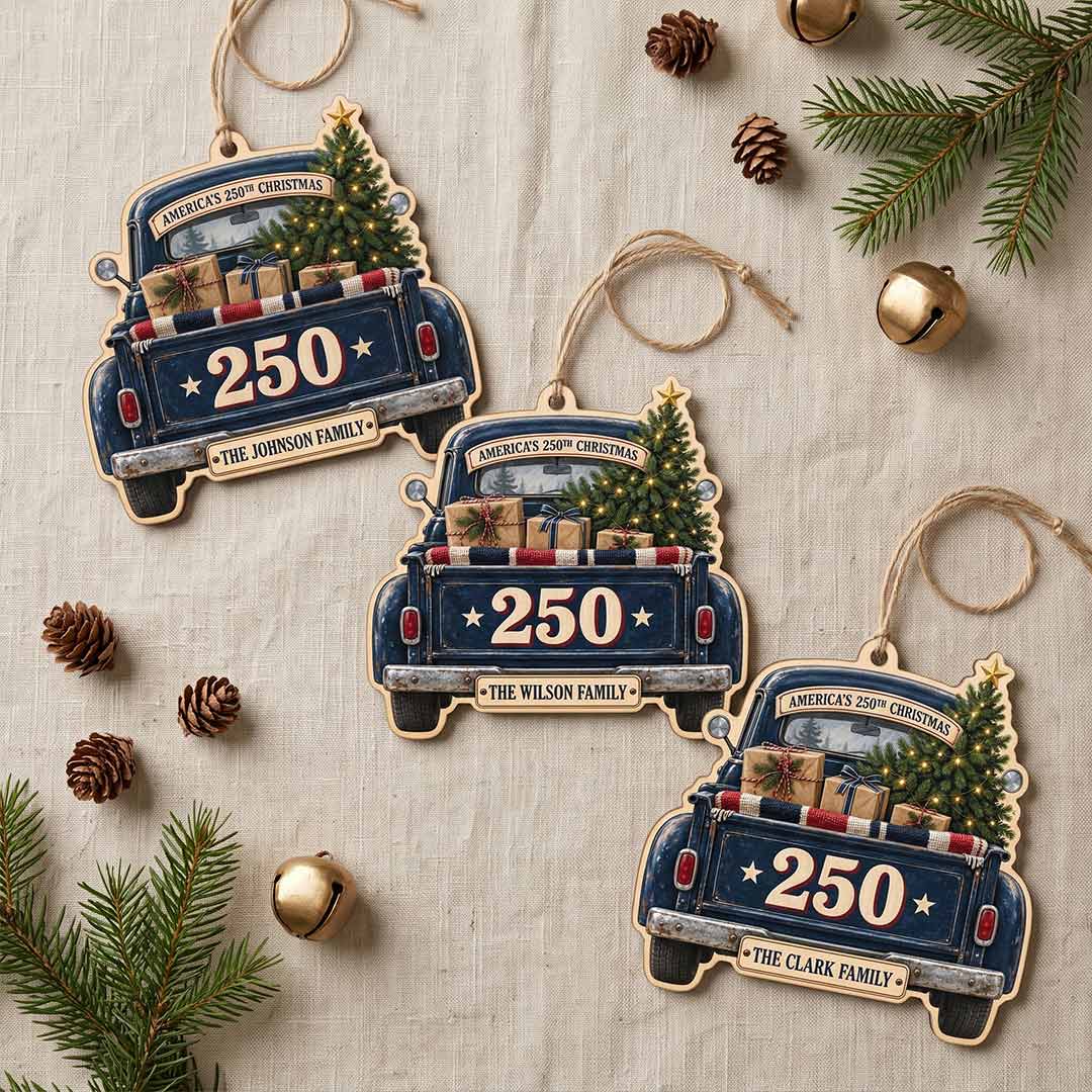 America's 250th Vintage Christmas Truck Patriotic Holiday Keepsake Personalized Custom Name Patriotic 1-Layer Wooden Christmas Ornament for American Pride