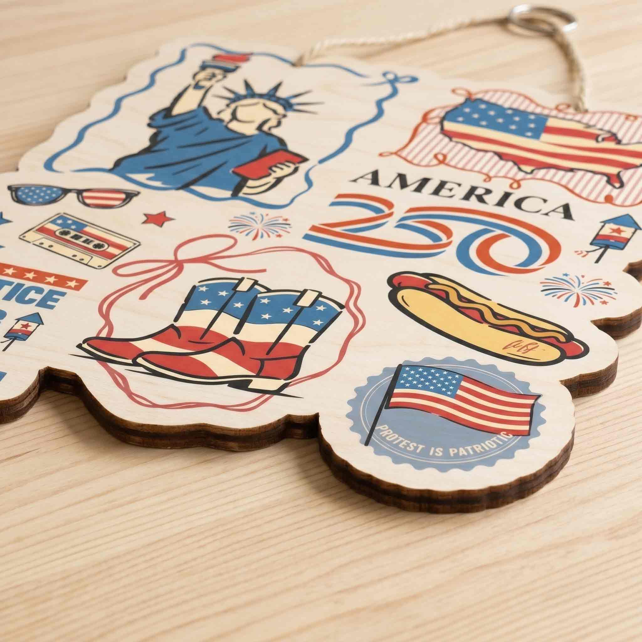 America 250 Statue of Liberty Justice for All Doodle Wooden Sign