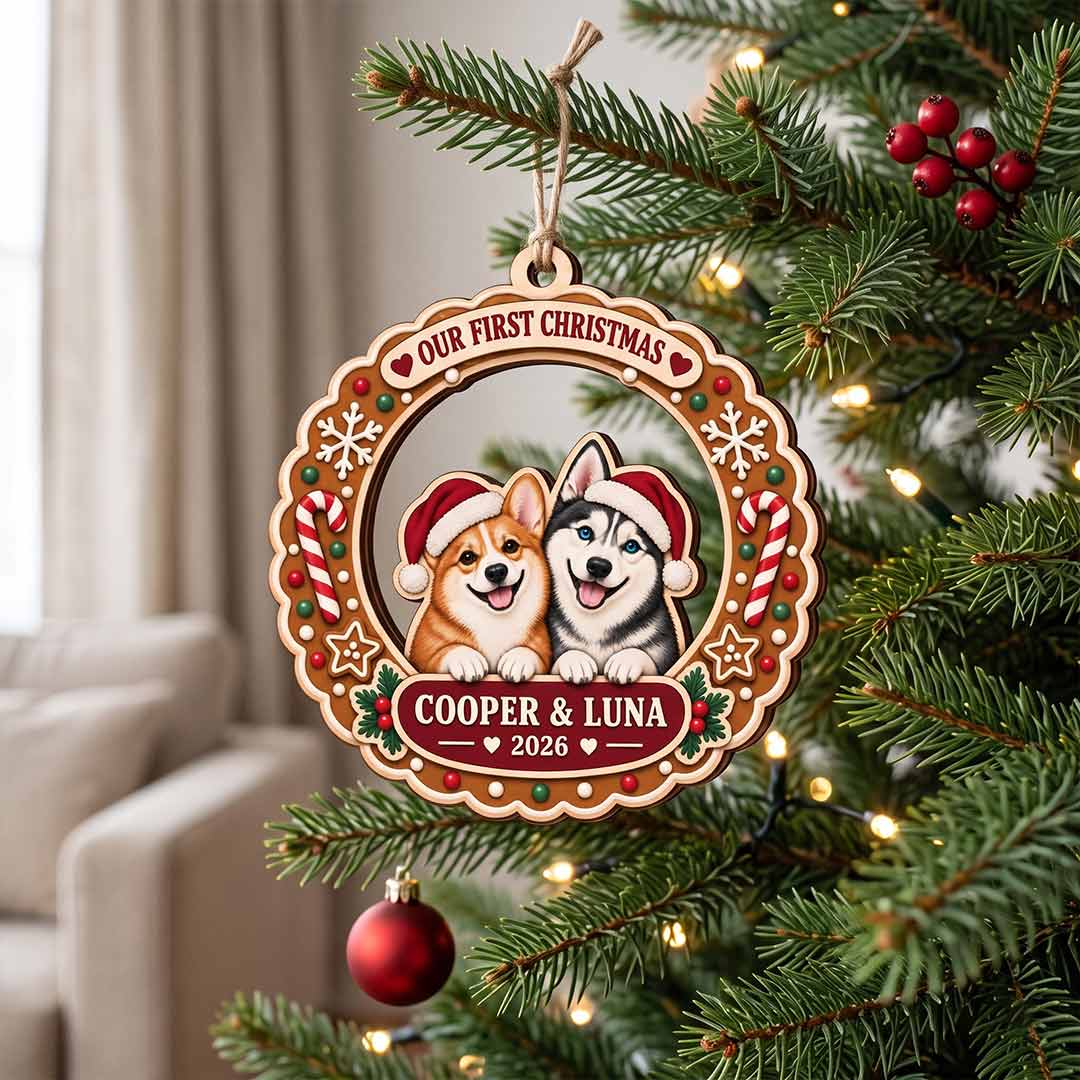 Multi Pet Christmas Wreath Personalized Dog Cat Breeds Custom Name Wooden Ornament