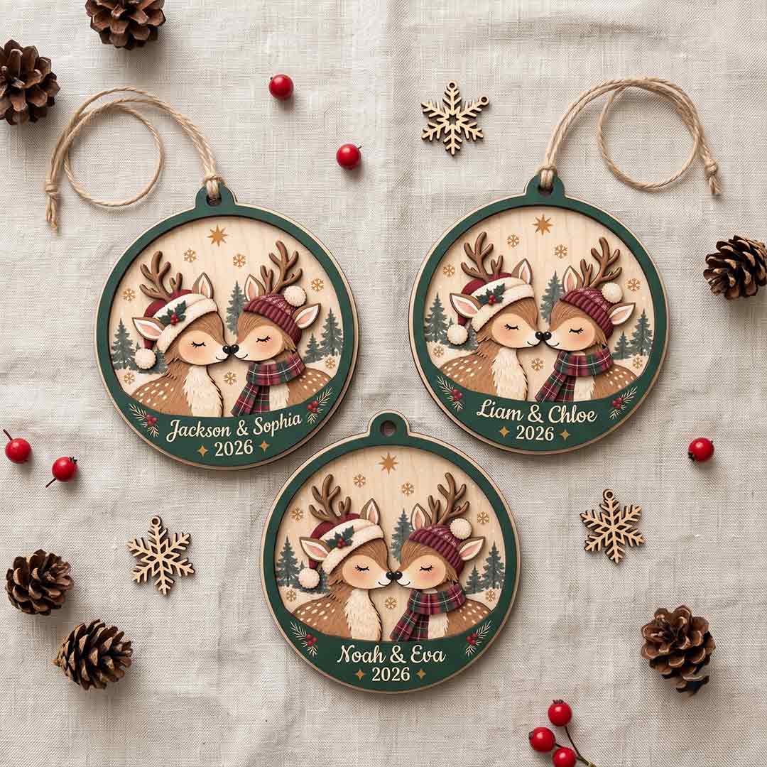 Reindeer Couple Christmas Personalized Custom Name Date Couple 2-Layer Wooden Christmas Ornament Christmas Gift for Couples