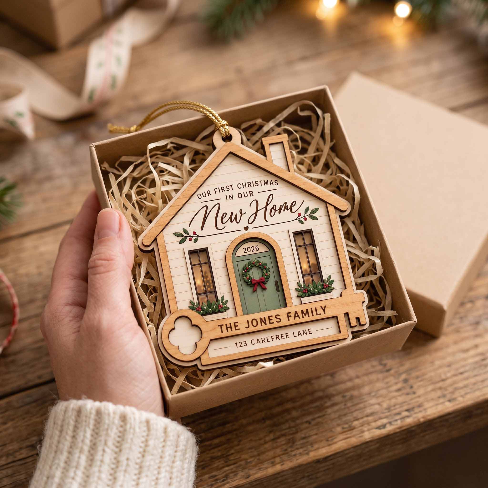 First Christmas In Our New Home 2026 House With Key Custom Name & Address New Home Wooden Christmas Ornament