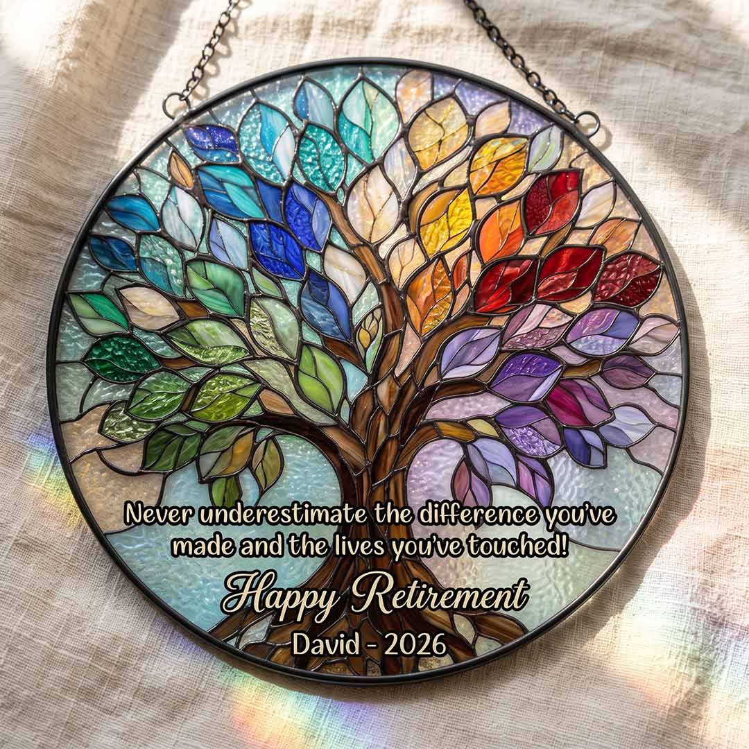 Retirement Tree of Life Personalized Custom Name Date Difference Maker Retirement Keepsake Stained Glass Suncatcher Ornament for Retirement Gift