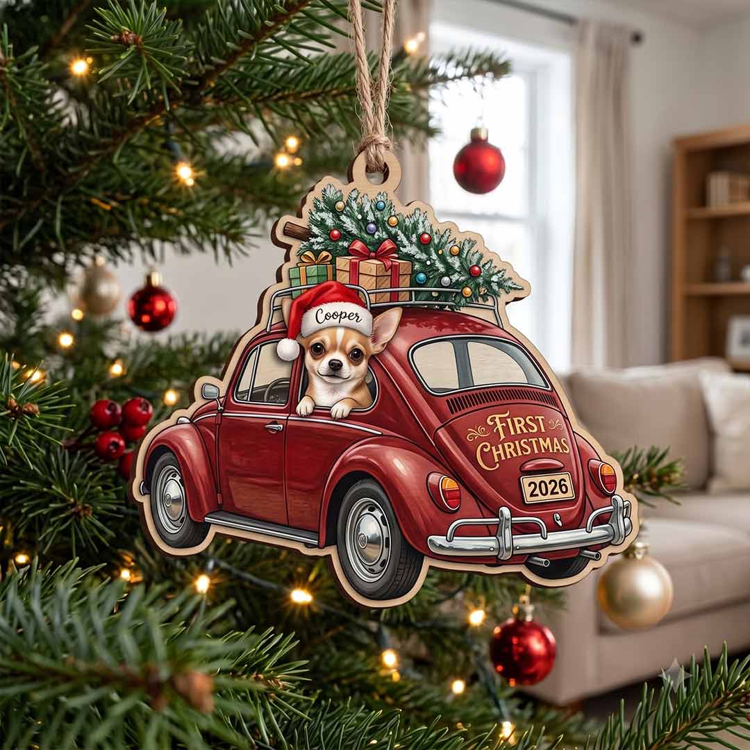 Personalized Pet First Christmas Vintage Car Custom Name Date Dog Photo Dog Lover Gift Wooden Christmas Ornament