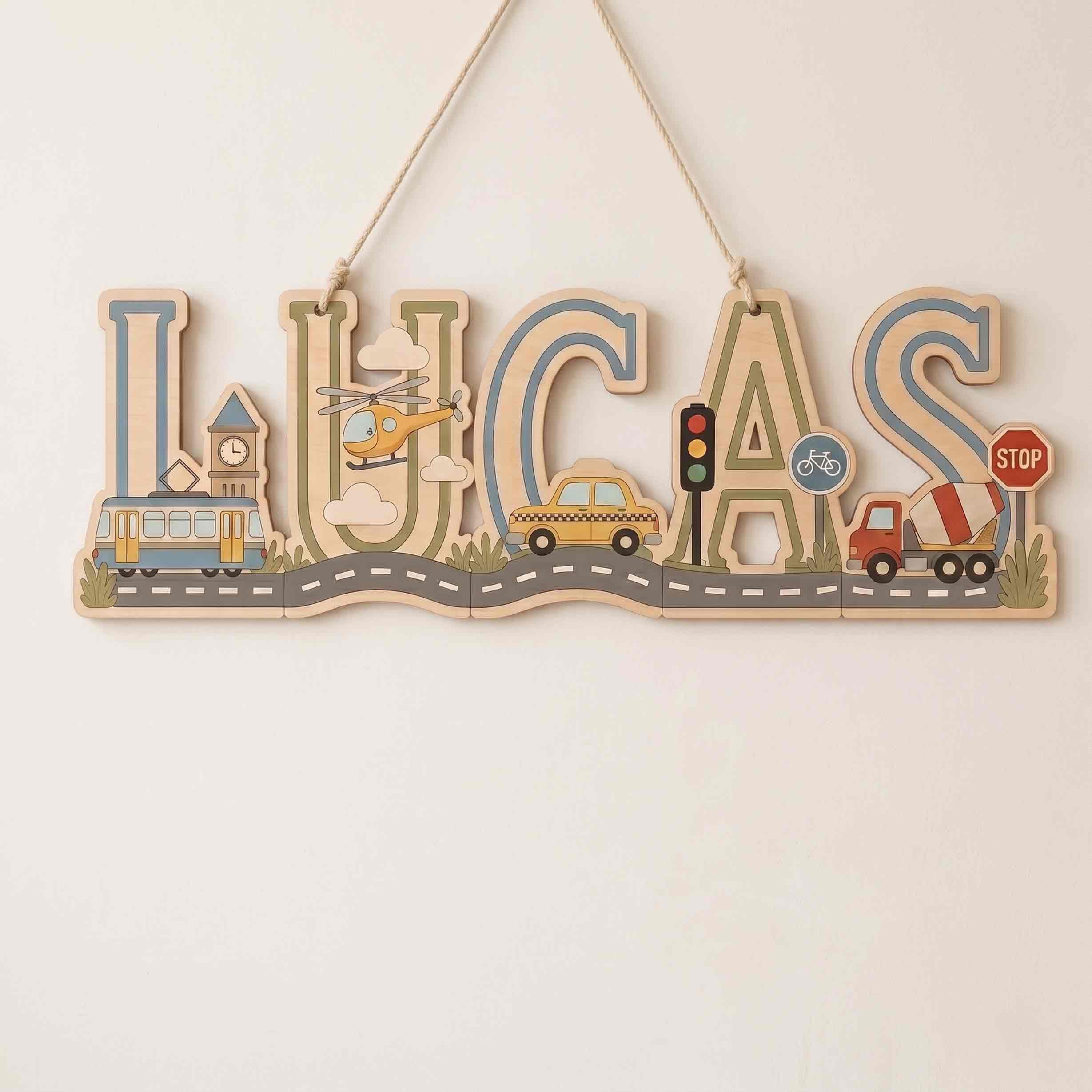 Personalized City Transportation Nursery Name Wooden Sign