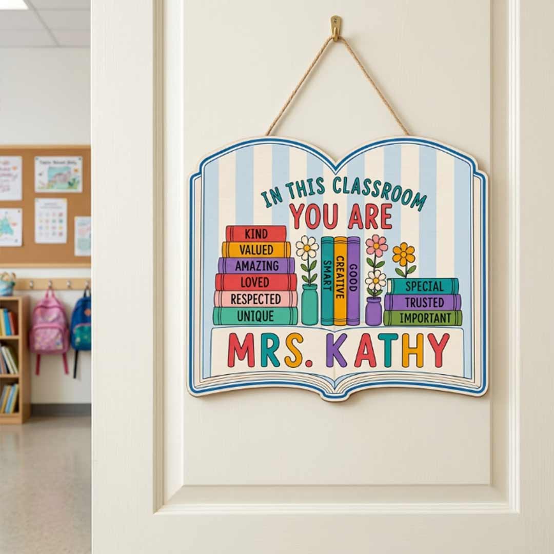 Personalized Teacher Name Wooden Sign Door Hanger Classroom Rules Book Themes Sign Wooden Classroom Decor, Back to School Sign