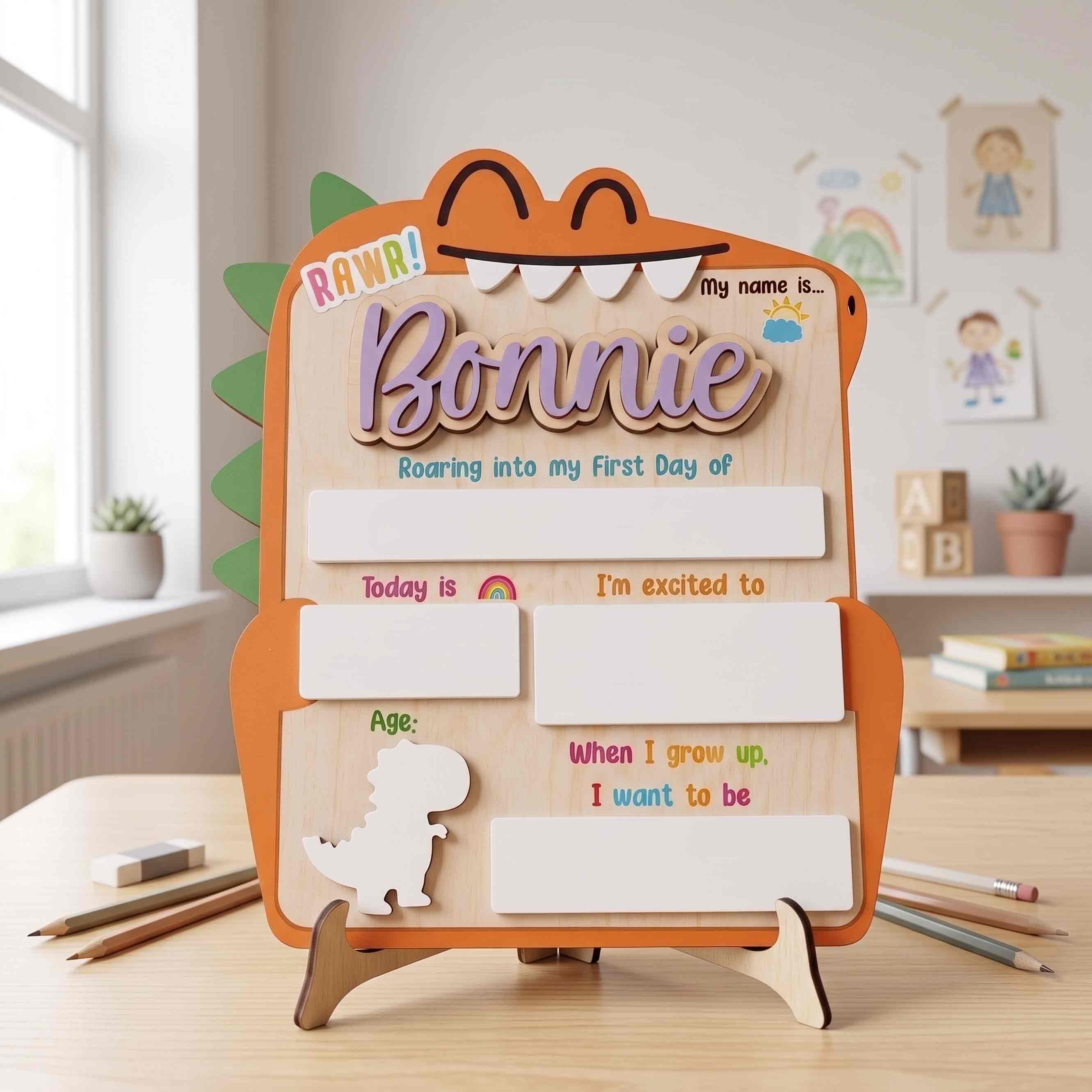 Personalized Cute Dinosaur First Day School Board, Reusable Dry Erase Board, Back to School Sign