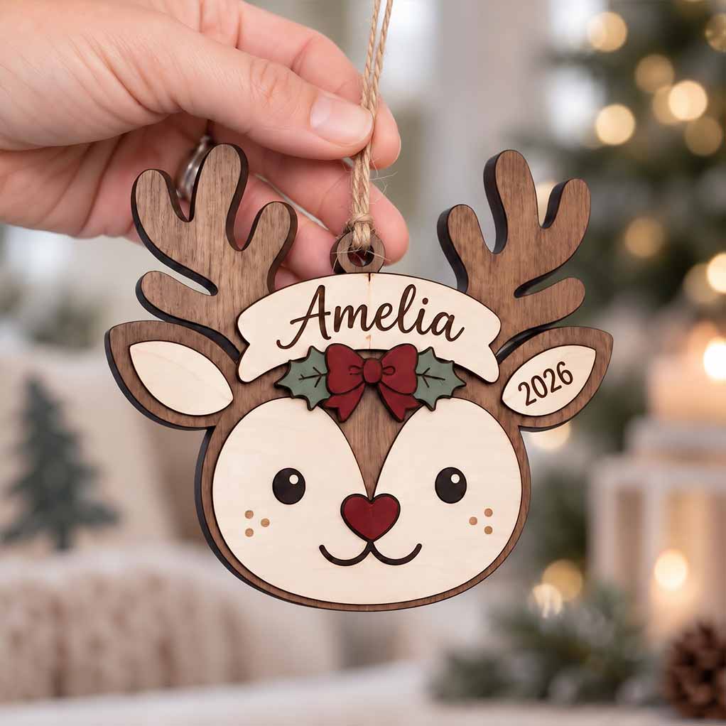Cute Baby Reindeer 2026 Personalized Custom Name 2 Layered Piece Wooden Christmas Ornament Christmas Keepsake