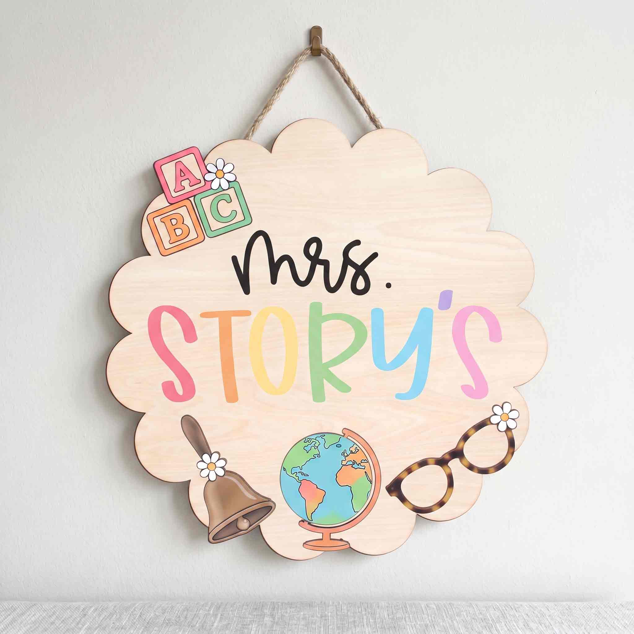 Personalized Elementary Teacher Classroom Door Hanger, ABC Blocks Wooden Welcome Sign