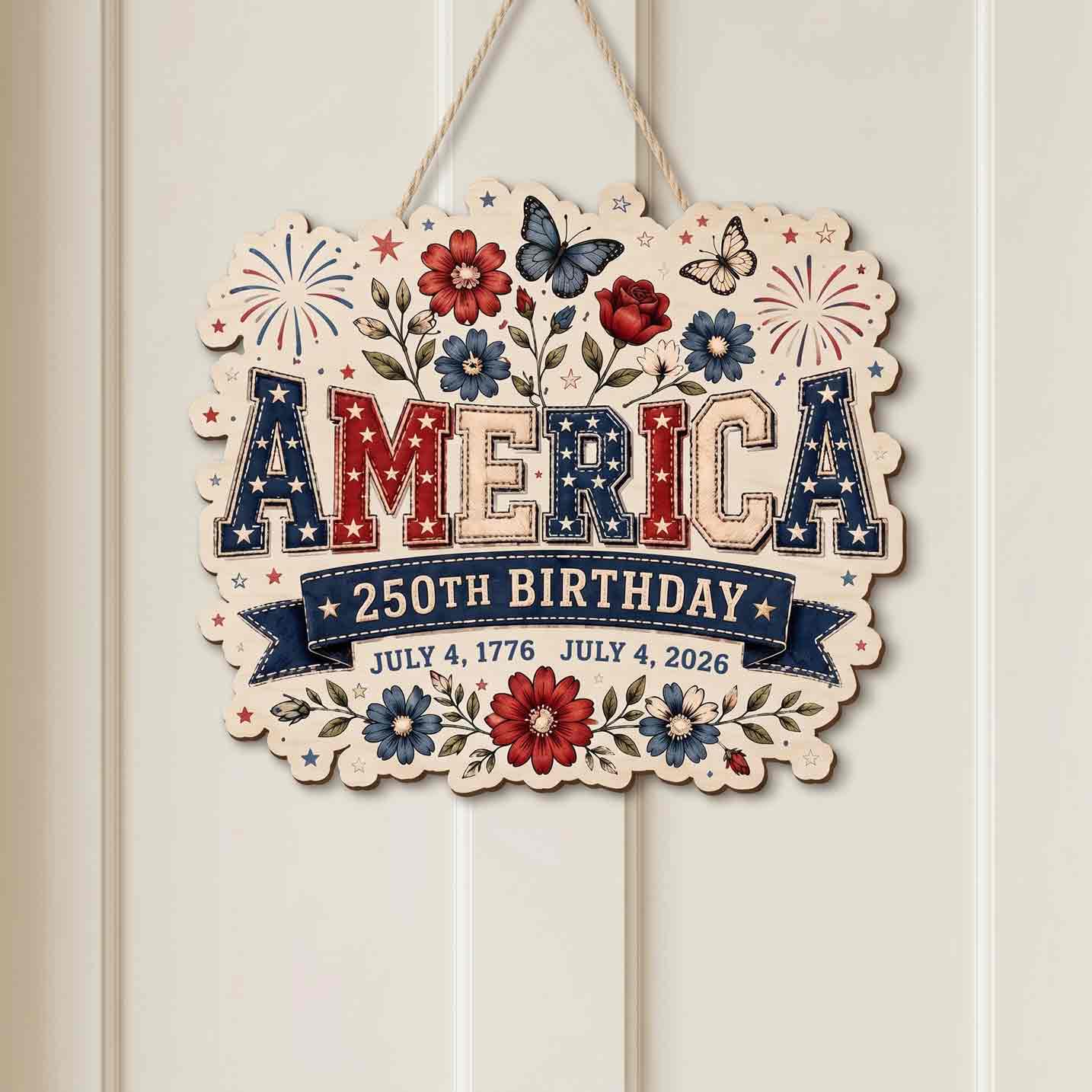 Patriotic Floral America 250th Birthday July 4 1776-2026 Wooden Sign