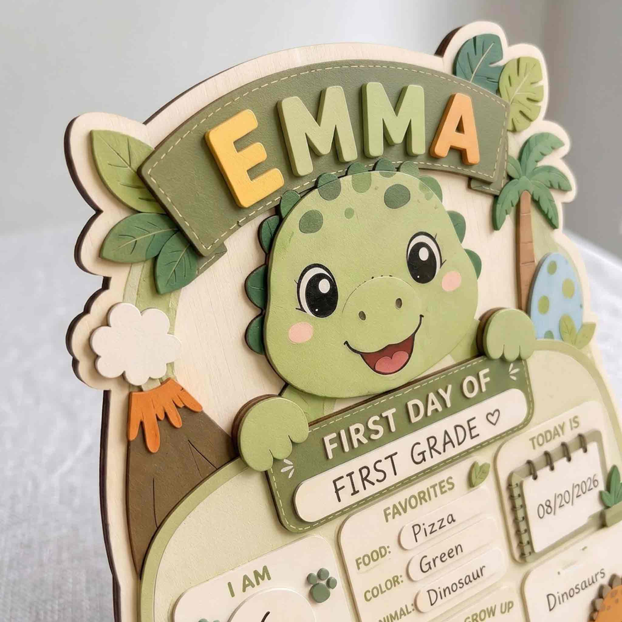 Personalized Sage Green Dinosaur First & Last Day School Sign, Reusable Dry Erase Board, Back to School Sign