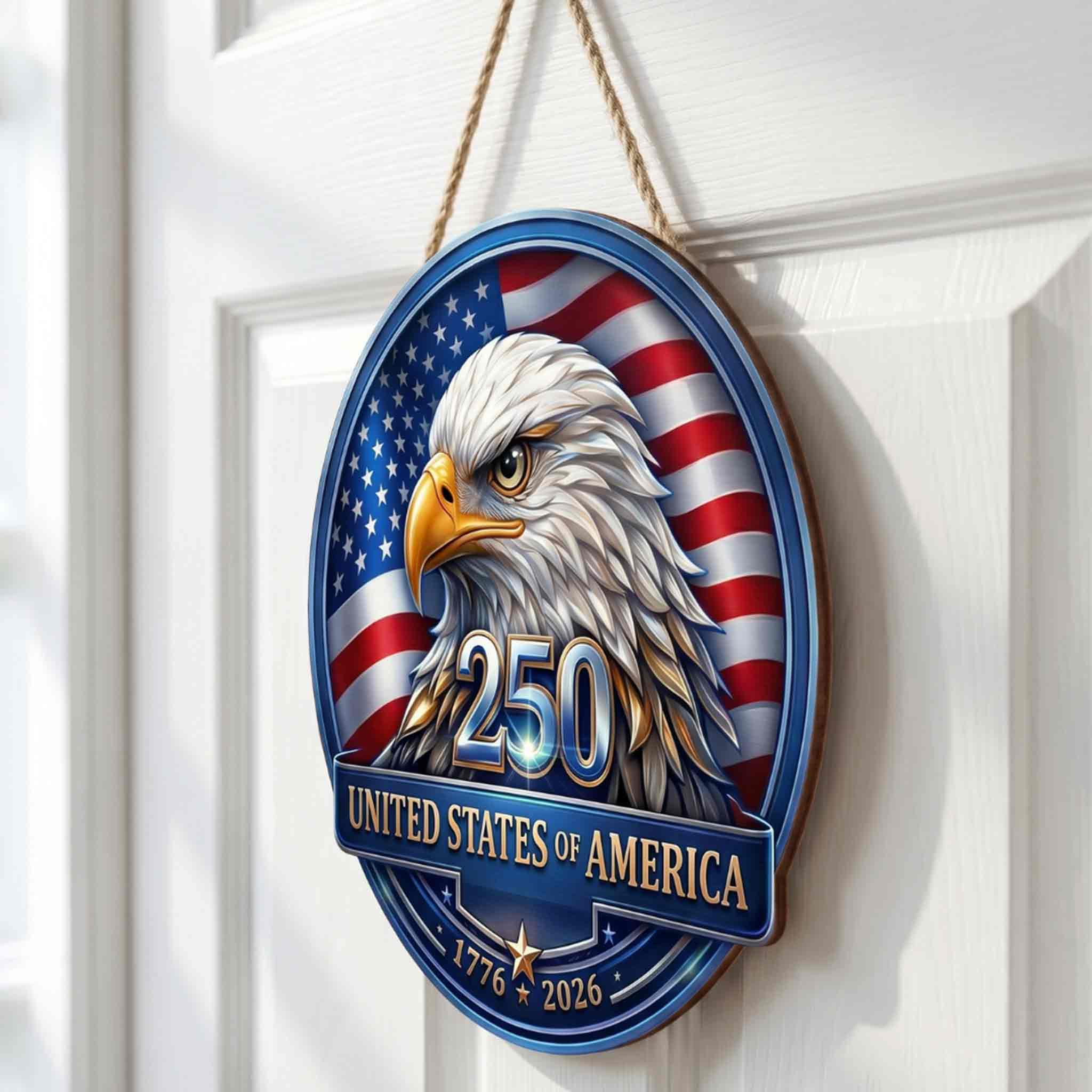 America 250 Wooden Sign With Bald Eagle and American Flag Patriotic Decor