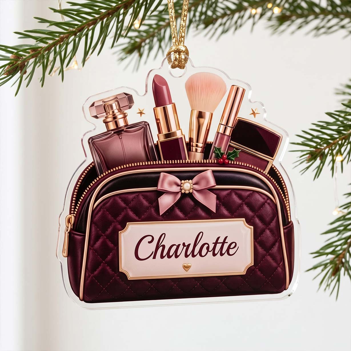 Makeup Burgundy Cosmetic Bag Lipstick Brush Custom Name Acrylic Christmas Ornament Makeup Lover