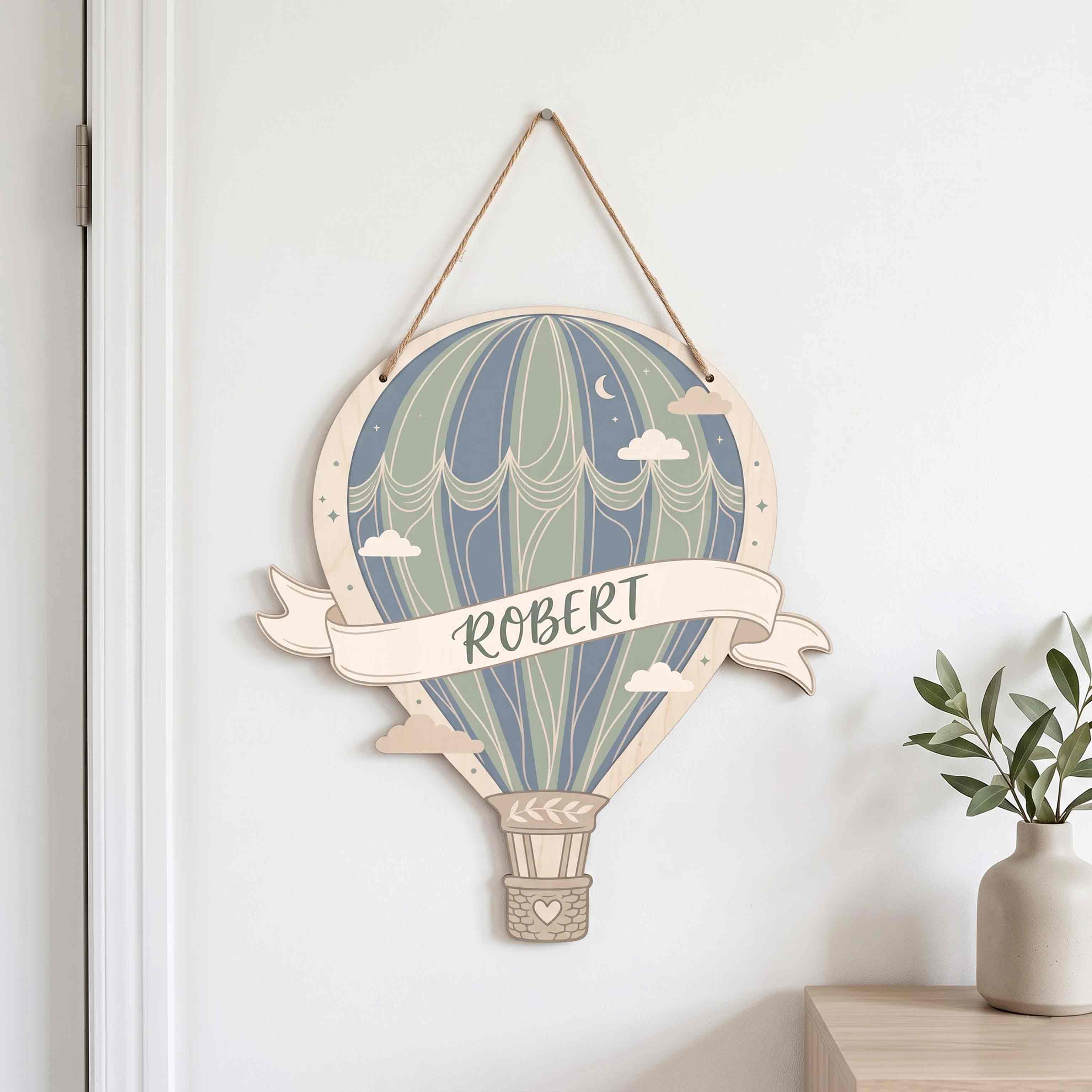 Personalized Retro Hot Air Balloon Nursery Name Sign Wooden Baby Room Decor
