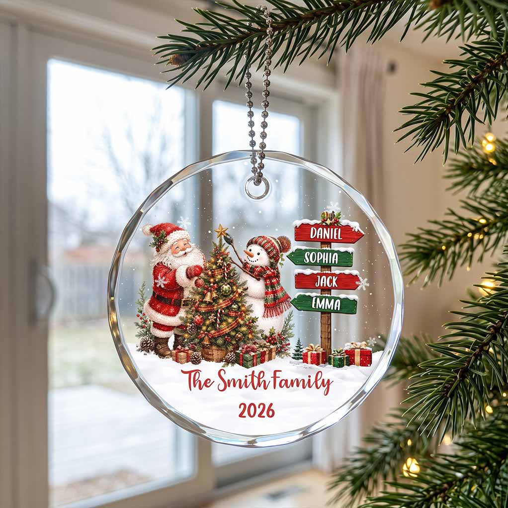 Santa and Snowman Christmas 2026 Holiday Keepsake Personalized Custom Name Date Family Round Glass Christmas Ornament for Family Gift