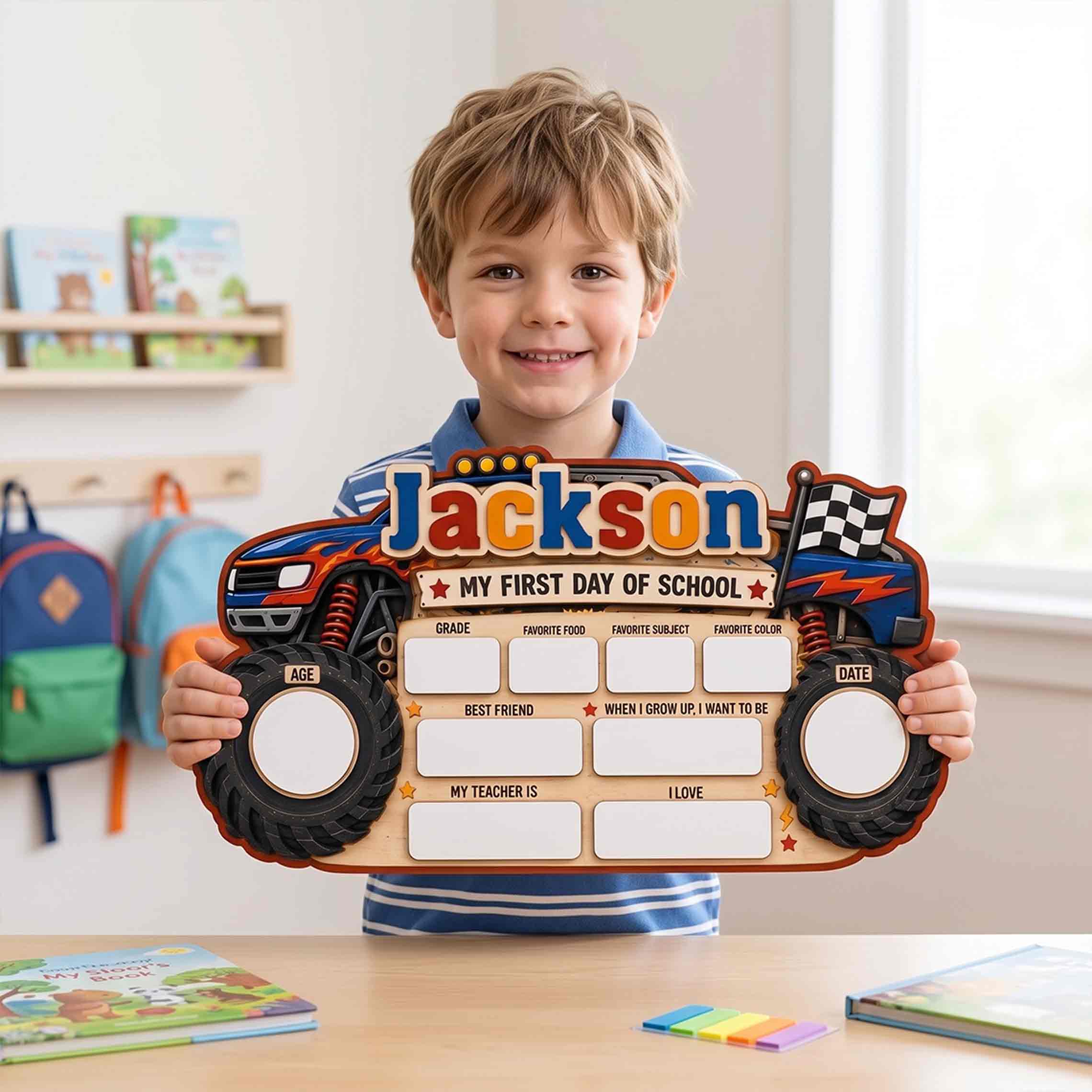 Personalized Monster Truck Theme First & Last Day School Sign, Reusable Dry Erase Board, Back to School Sign