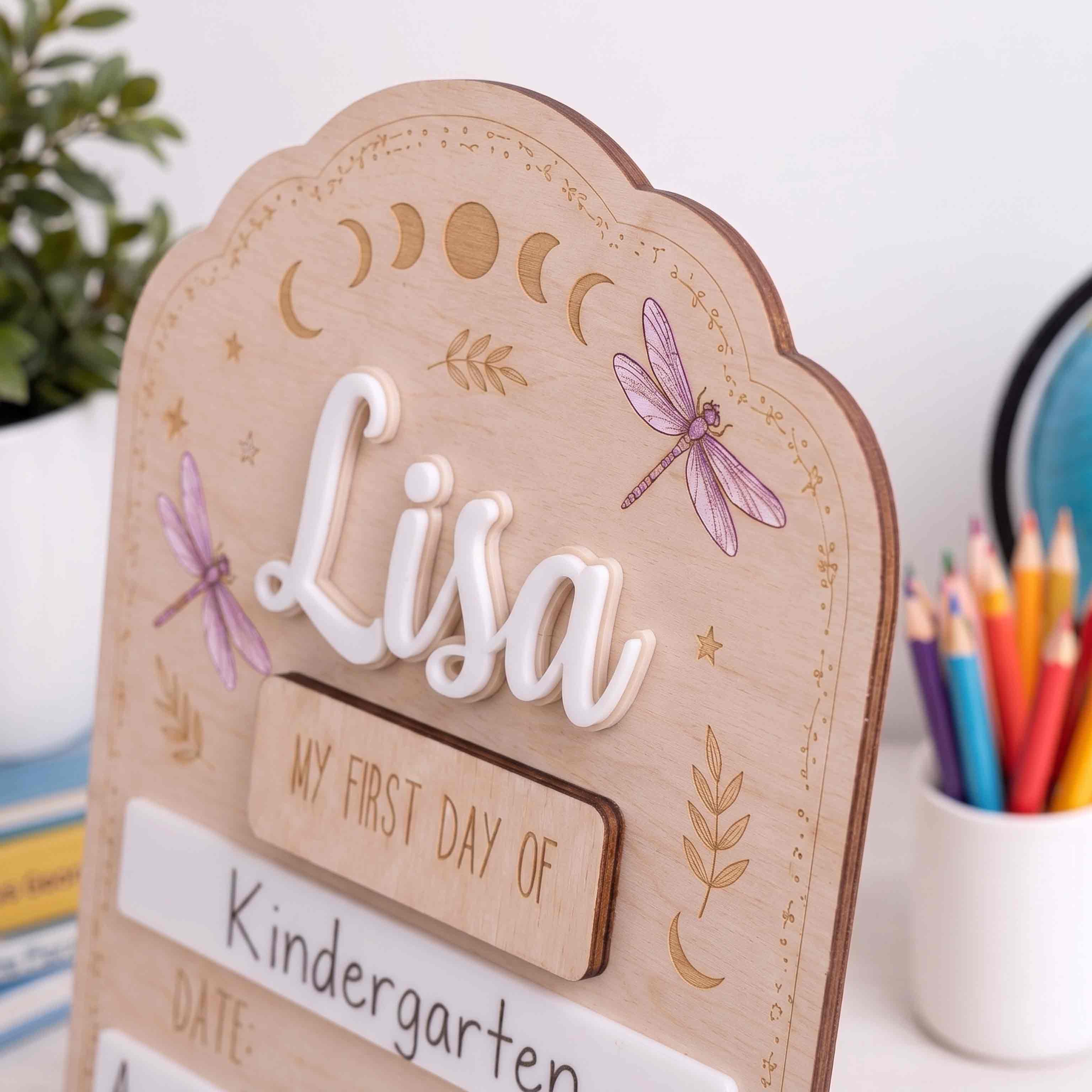 Personalized Moon Phase Dragonfly First & Last Day School Board, Reusable Dry Erase Board, Back to School Sign