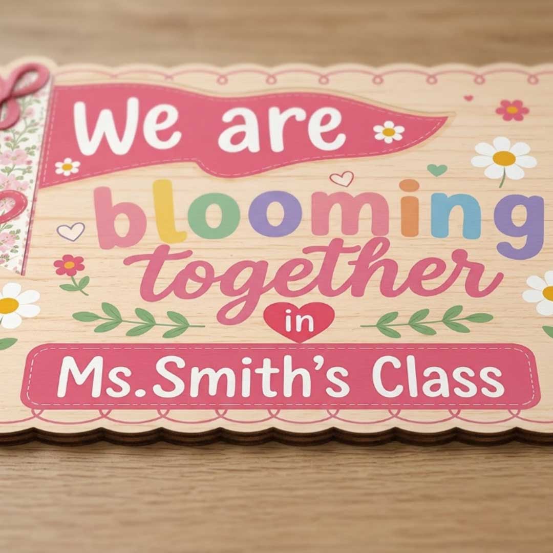 Personalized Teacher Name Wooden Sign Door Hanger We Are Blooming Together In Class  Wooden Classroom Decor, Back to School Sign