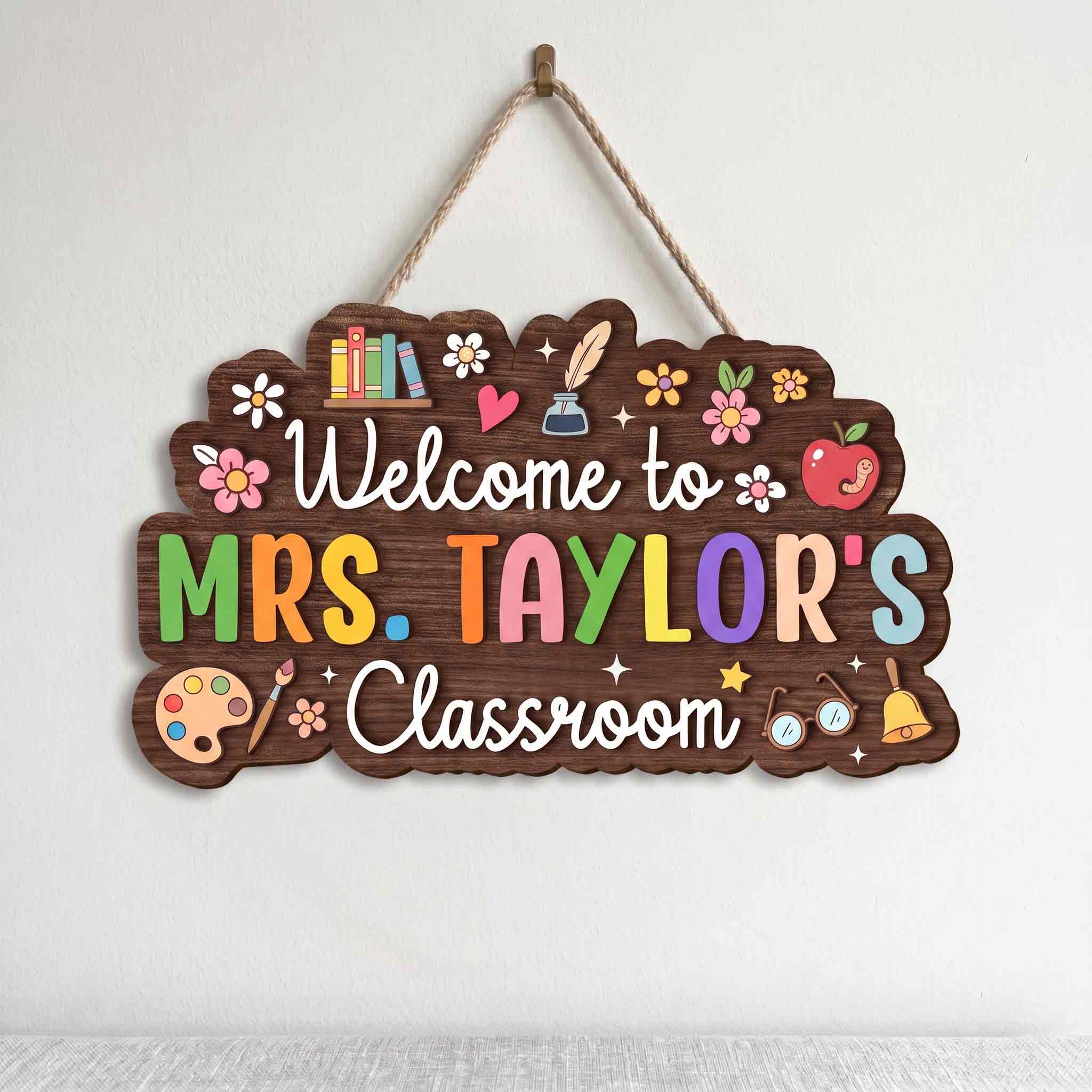 Personalized Colorful Teacher Classroom Welcome Wooden Sign, Custom Teacher Name Door Hanger Decor