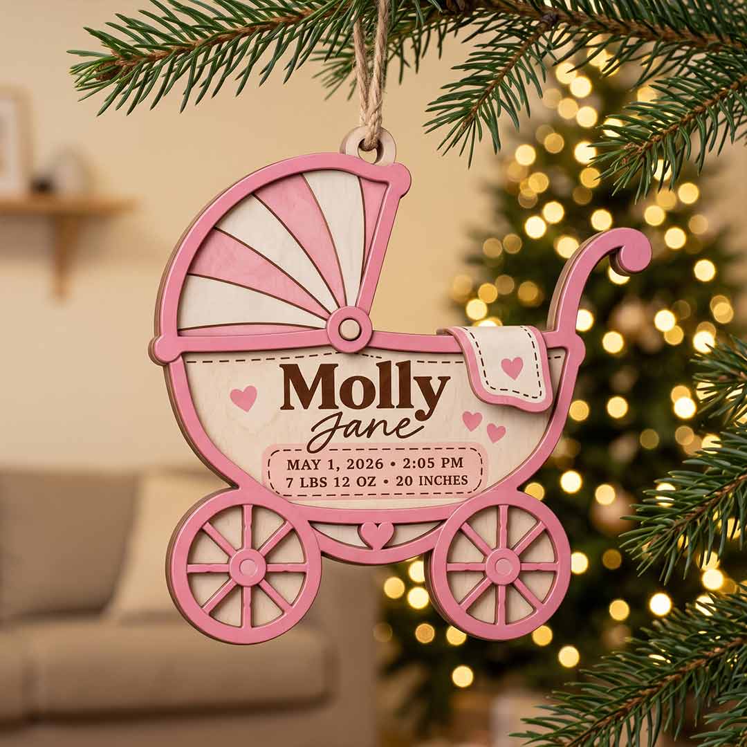 Baby Carriage Birth Announcement Personalized Custom Name Date Time Weight Length Newborn 2-Layer Wooden Christmas Ornament for New Baby Keepsake