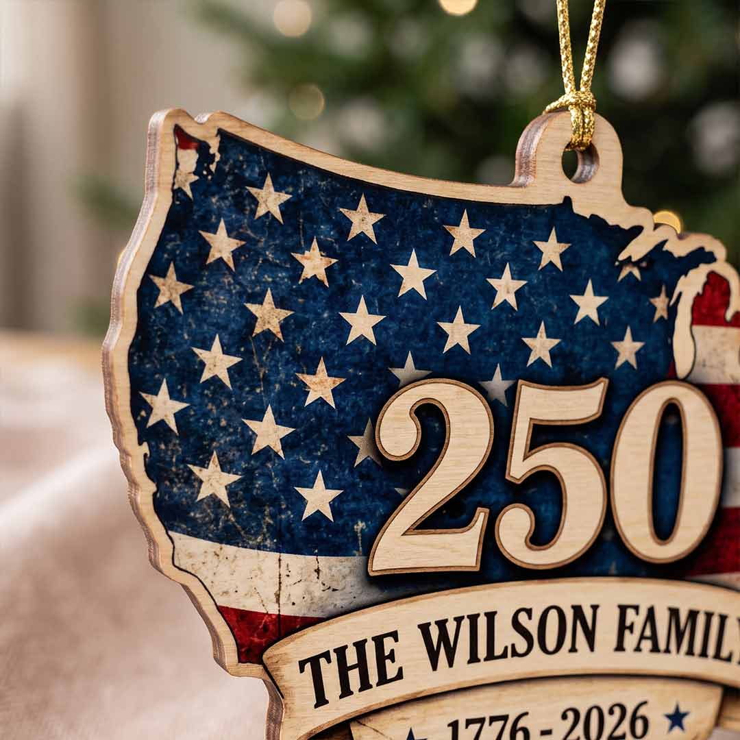 America's 250th USA Map Patriotic Keepsake Personalized Custom Name Patriotic 1-Layer Wooden Christmas Ornament for American Families