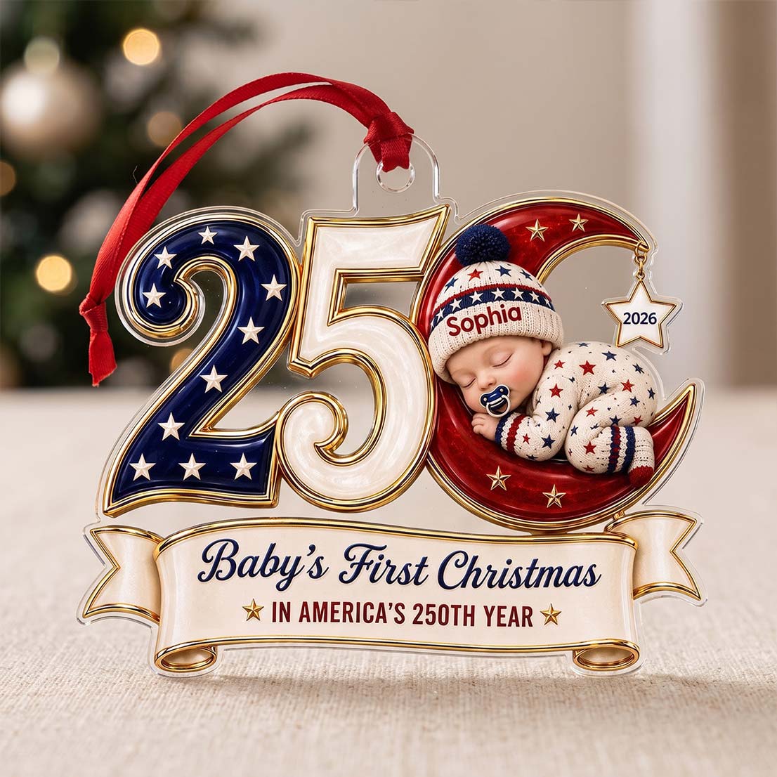 250 Moon Sleeping Baby America's 250th Year Custom Name Baby's First Christmas Acrylic Christmas Ornament Patriotic